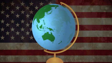 Drehender-Globus-Vor-Amerikanischer-Flagge-Im-Hintergrund