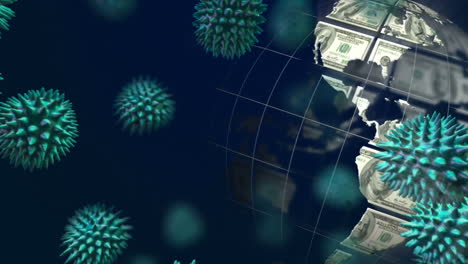 Animation-Von-Makro-Coronavirus-Zellen,-Die-Sich-über-Einen-Globus-Ausbreiten-Und-Aus-Sich-Drehenden-US-Dollar-Scheinen-Bestehen
