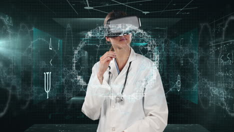 Ärztin-Mit-VR-Headset-Vor-Bildschirmen-Mit-Medizinischer-Datenverarbeitung-Und-Mathematischen-Symbolen
