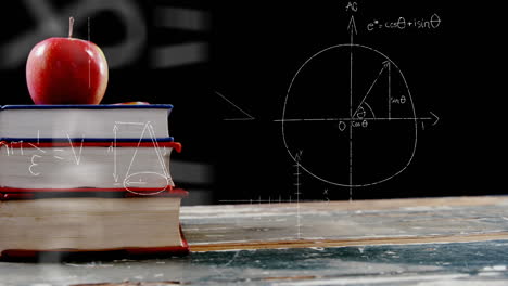 Mathematical-equations-floating-against-apple-on-stack-of-books
