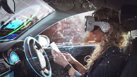 Animation-of-network-of-connections-over-woman-wearing-vr-headset-in-self-driving-car