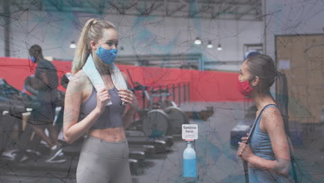 Network-of-connections-against-two-women-greeting-each-other-by-touching-elbows-at-gym