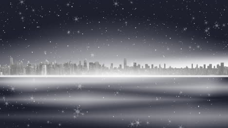 Digital-animation-of-snow-falling-over-cityscape-against-grey-background