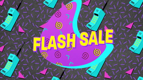 Animation-of-retro-flash-sale-text-on-pink-and-blue-patterned-splodge-with-retro-mobile-phones