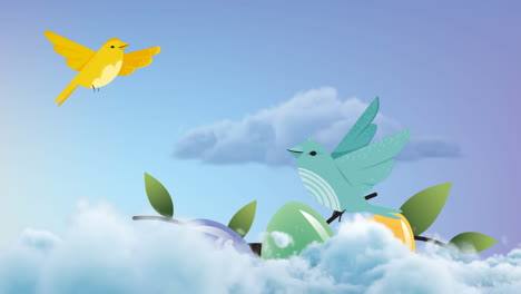 Animation-of-two-flying-birds-flying-over-decorated-easter-eggs-on-blue-background