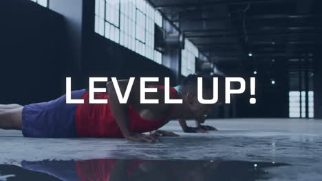 Animation-of-level-up-text-over-mixed-race-man-doing-push-ups