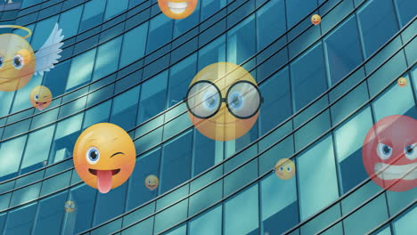 Animation-of-emoji-icons-flying-up-over-modern-office-building