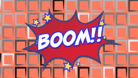 Animation-of-boom-text-on-retro-speech-bubble-over-rows-of-squares-on-orange-background