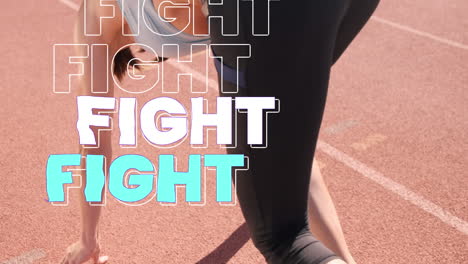 Animation-of-fight-text-in-repetition-in-outline,-white-and-blue-over-woman-starting-race