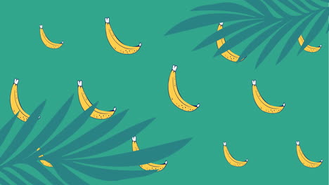 Animation-of-yellow-bananas-pulsating-in-formation-over-palm-leaves-on-green-background