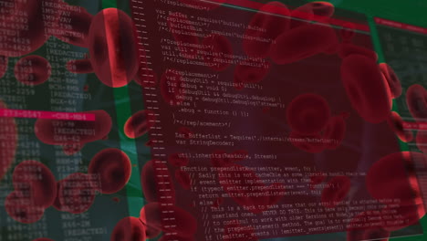 Animation-of-data-processing-on-screens-over-floating-red-blood-cells-on-green-background