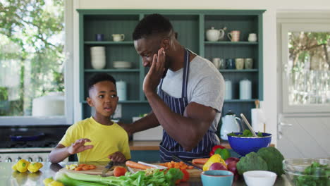 Afroamerikanischer-Vater-Und-Sohn-In-Der-Küche,-Tragen-Schürzen-Und-Bereiten-Gemeinsam-Das-Abendessen-Zu