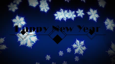 Digitale-Animation-Des-Goldenen-Neujahrstextes-Vor-Schneeflocken,-Die-Sich-Auf-Blauem-Hintergrund-Bewegen