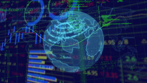 Finanz--Und-Börsendatenverarbeitung-über-Einem-Sich-Drehenden-Globus-Vor-Blauem-Hintergrund