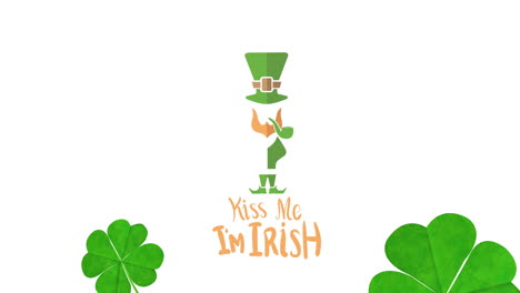 Animation-of-kiss-me-i'm-irish-text-with-leprechaun-and-clover-leaves-on-white-background