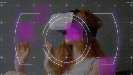 Scope-scanning-over-grid-network-against-caucasian-woman-wearing-vr-headset-at-home
