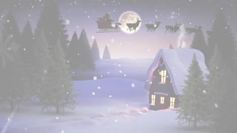 Digitale-Animation-Von-Schnee,-Der-über-Haus-Und-Bäume-In-Der-Winterlandschaft-Mit-Dem-Weihnachtsmann-Fällt