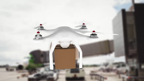 Animation-Einer-Drohne,-Die-Ein-Paket-Transportiert-Und-über-Unscharfe-Gebäude-Fliegt