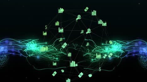 Animation-of-green-network-of-connections-and-icons-with-glowing-energy-currents-on-black-background