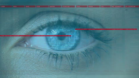 Animation-of-woman's-blue-eye-opening-with-interface-and-scrolling-digital-information-over-iris