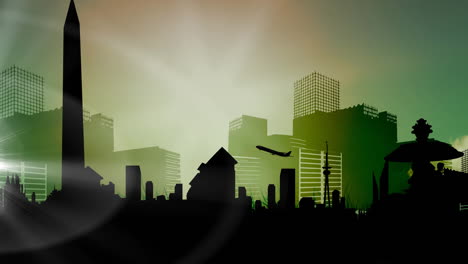 Animation-of-plane-taking-off-over-silhouetted-modern-cityscape-in-green