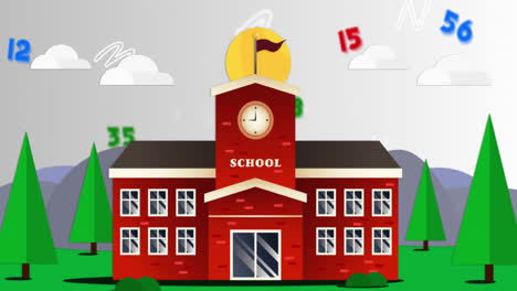 Digitale-Animation-Mehrerer-Wechselnder-Zahlen-Und-Alphabete-Vor-Dem-Schullandschaftssymbol