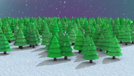 Animación-Digital-De-Nieve-Cayendo-Sobre-Hileras-De-árboles-En-Un-Paisaje-Invernal
