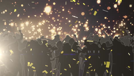 Glowing-spots-of-lights-and-confetti-falling-over-silhouettes-of-people-dancing