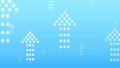 Animation-of-multiple-white-arrows-formed-with-dots-pointing-up-on-blue-background