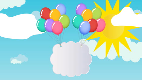 Animation-of-colourful-balloons-lifting-cloud-over-sun-on-blue-sky