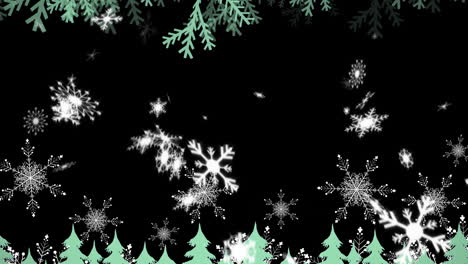 Digitale-Animation-Von-Schneeflocken,-Die-Vor-Schwarzem-Hintergrund-über-Mehrere-Bäume-Fallen