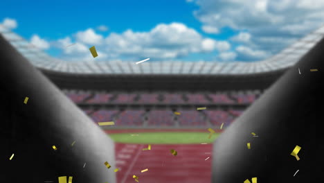 Animation-of-gold-confetti-falling-over-empty-sports-stadium