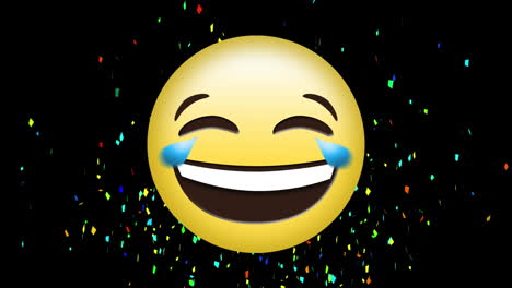 Animation-of-multi-coloured-confetti-falling-and-smiling-emoticon-on-black