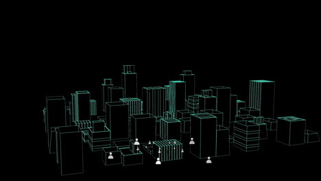 Animation-Mehrerer-Personensymbole-über-Einem-3D-Stadtmodell