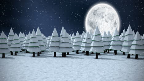 Animation-of-fir-trees,-full-moon-and-snow-falling