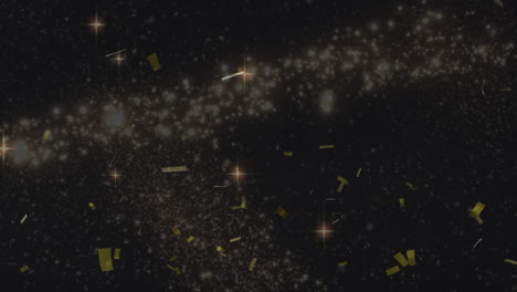 Goldenes-Konfetti-Und-Leuchtende-Sterne,-Die-Sich-Vor-Schwarzem-Hintergrund-Bewegen