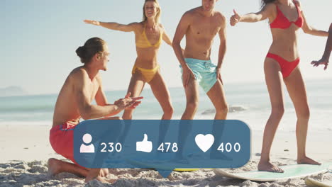 Animation-of-speech-bubble-with-people,-like-and-love-icons-and-numbers-over-friends-on-surfboards