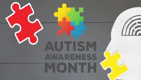 Animation-of-autism-awareness-month-text-over-white-head-with-maze-and-puzzles-falling