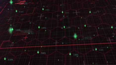 Animation-of-red-lines-and-numbers-changing-with-green-arrows-on-network-of-hexagons-on-grid-backgro