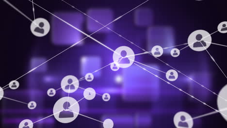 Digital-animation-of-network-of-connections-against-purple-square-shapes-on-black-background