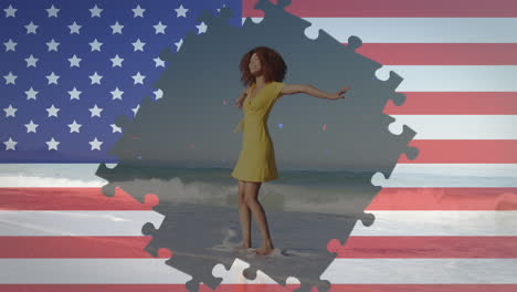 Animation-of-american-flag-jigsaw-puzzle-revealing-confetti-and-woman-dancing-on-beach