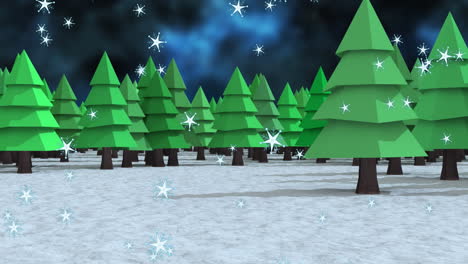 Digitale-Animation-Mehrerer-Sterne,-Die-Gegen-Eine-Baumreihe-In-Einer-Winterlandschaft-Am-Nachthimmel-Fallen