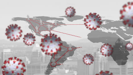 Animation-of-covid-19-cells-floating-over-world-map-with-network-of-connections-and-cityscape