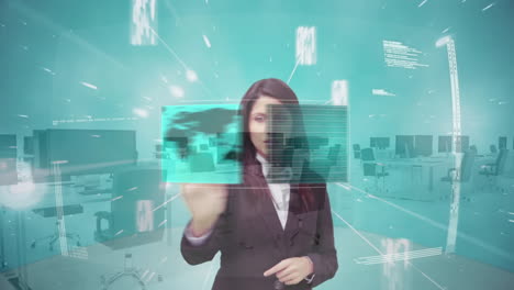 Animation-of-businesswoman-touching-screen-with-financial-data-processing-over-empty-office