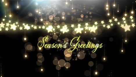 Animation-of-season's-greeting-text-with-fairy-lights-on-black-background