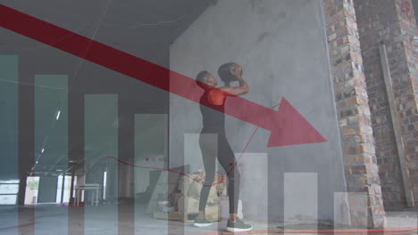 Animation-of-data-processing-with-red-arrow-over-man-exercising-with-ball-in-gym