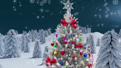 Animation-of-winter-scenery-with-christmas-tree-and-snow-falling-on-blue-background