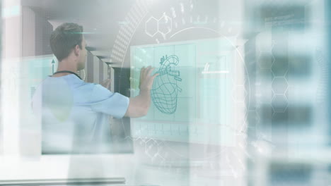 Digital-composition-of-male-doctor-touching-futuristic-screen-with-medical-data-processing