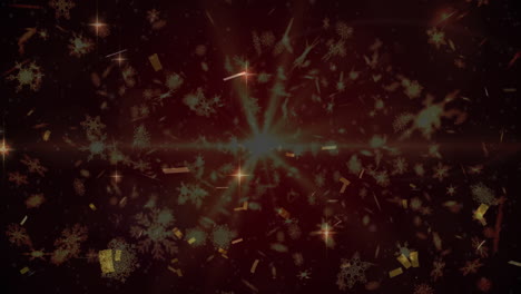 Glowing-spot-of-light-and-confetti-falling-against-black-background