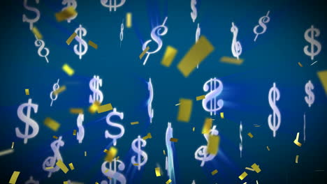 Animation-Von-Konfetti-Und-US-Dollar-Symbolen,-Die-Auf-Blauen-Hintergrund-Fallen